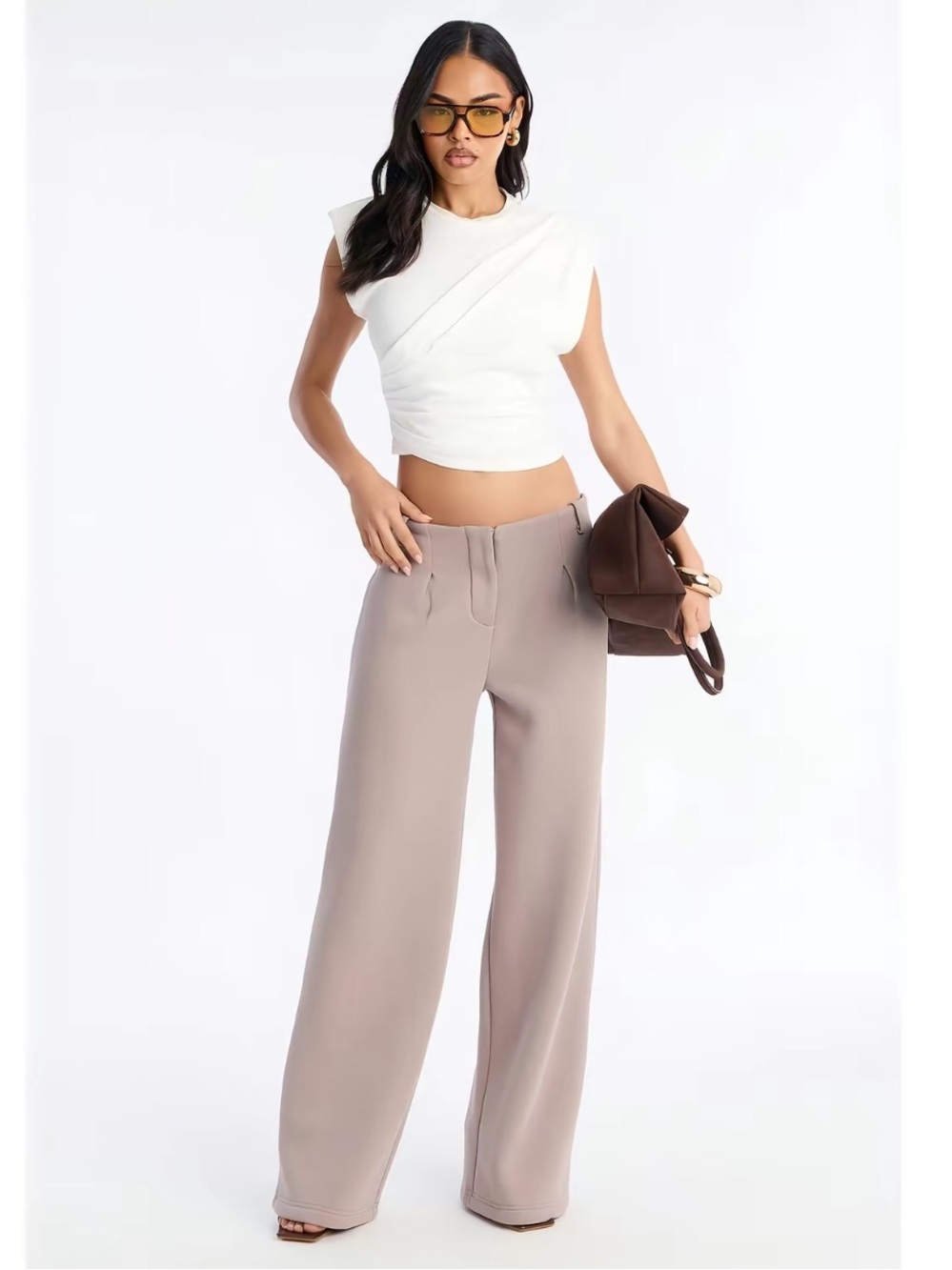 Fashion Nova Taupe Wide-Leg High-Rise Trousers